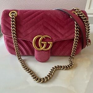 Gucci GG Mormont pink and gold velvet crossbody bag